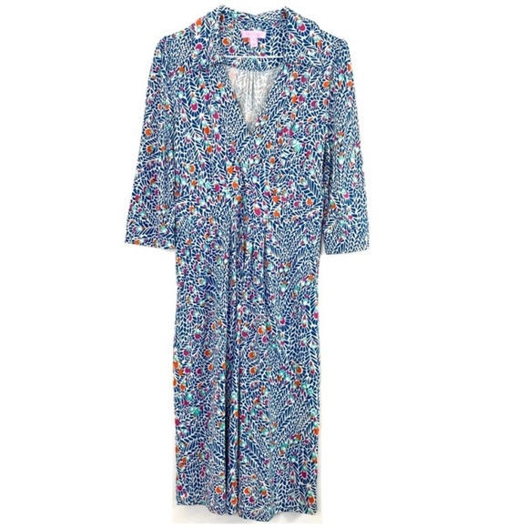 LILLY Pulitzer Feather Monogram Print Silk Stretch Flare Dress Teal Blue Size 4 - Picture 2 of 8